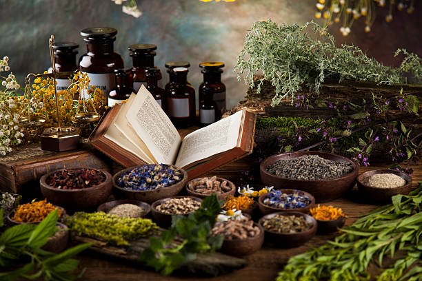 Home natural medicine on wooden table background